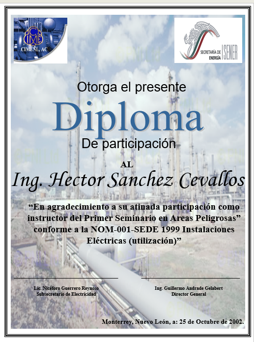 Diploma de Héctor Sánchez Cevallos, Primer Seminario en Áreas Peligrosas, 2002