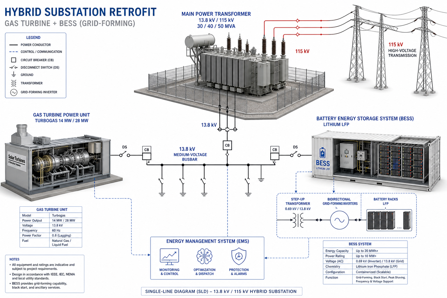Diagrama unifilar conceptual de hibridación Turbogas + BESS